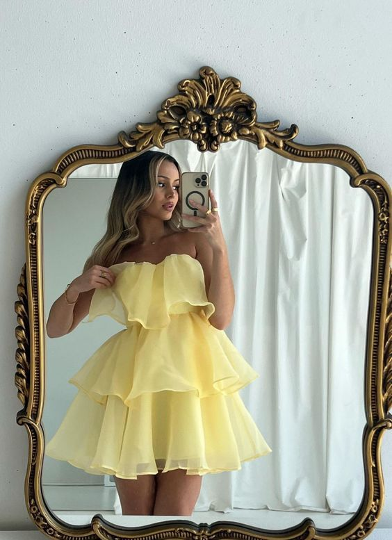 Cute Yellow Strapless Multi-Layered A-Line Homecoming Dress - FashionDia