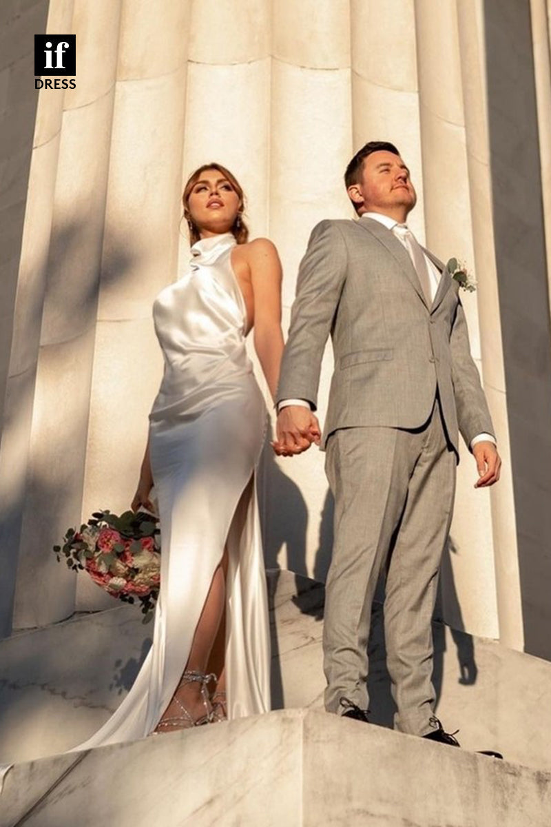 71001 - Classic High Neck Stain Sheath/Column Boho Wedding Dress