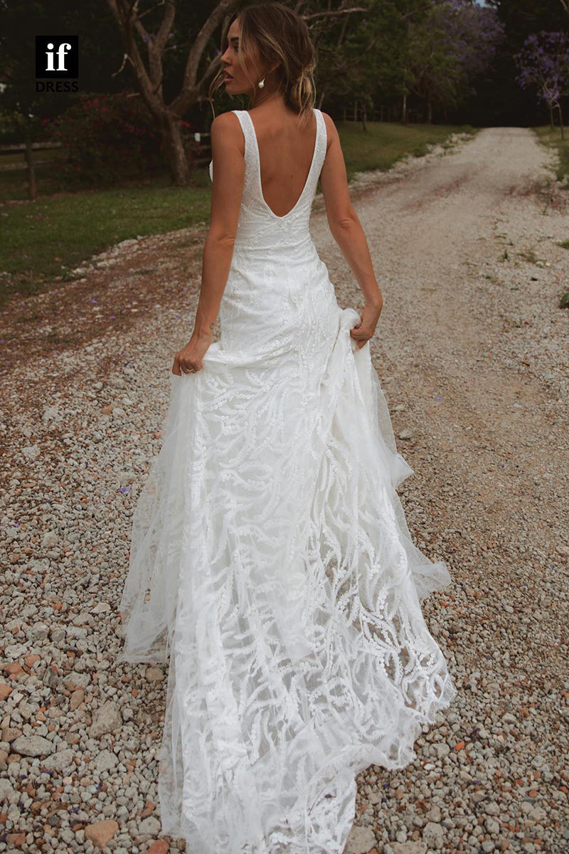 71002 - Charming Plunging V-Neck Straps Lace Bohemain Wedding Dress