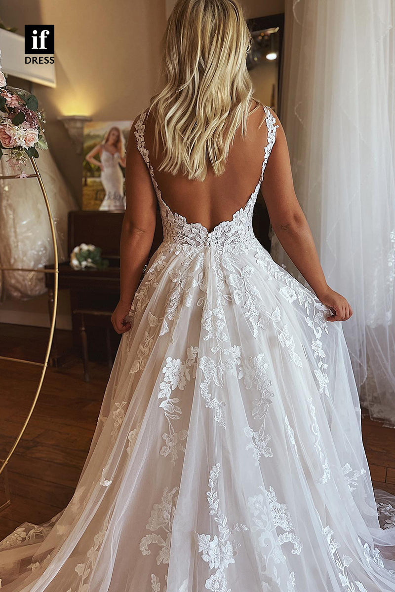 71005 - Amazing V-Neck A-Line Lace Appliques Boho Wedding Dress with Long Train