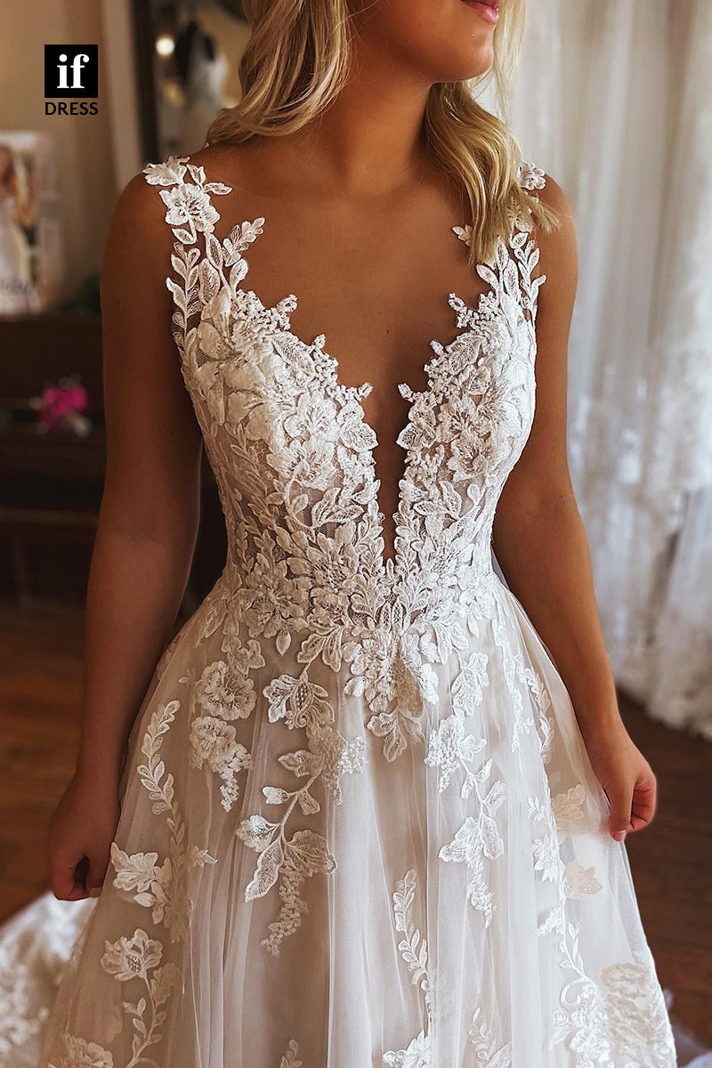 71005 - Amazing V-Neck A-Line Lace Appliques Boho Wedding Dress with Long Train