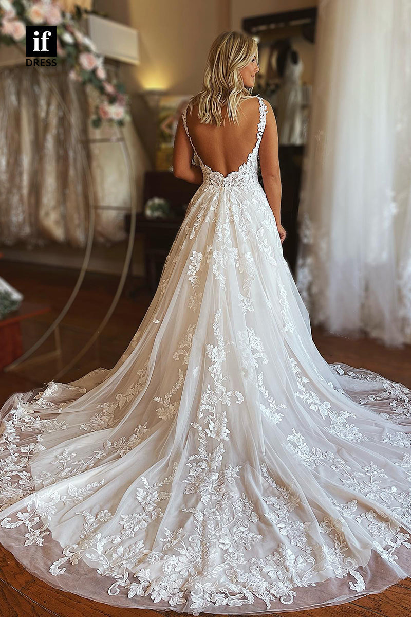 71005 - Amazing V-Neck A-Line Lace Appliques Boho Wedding Dress with Long Train
