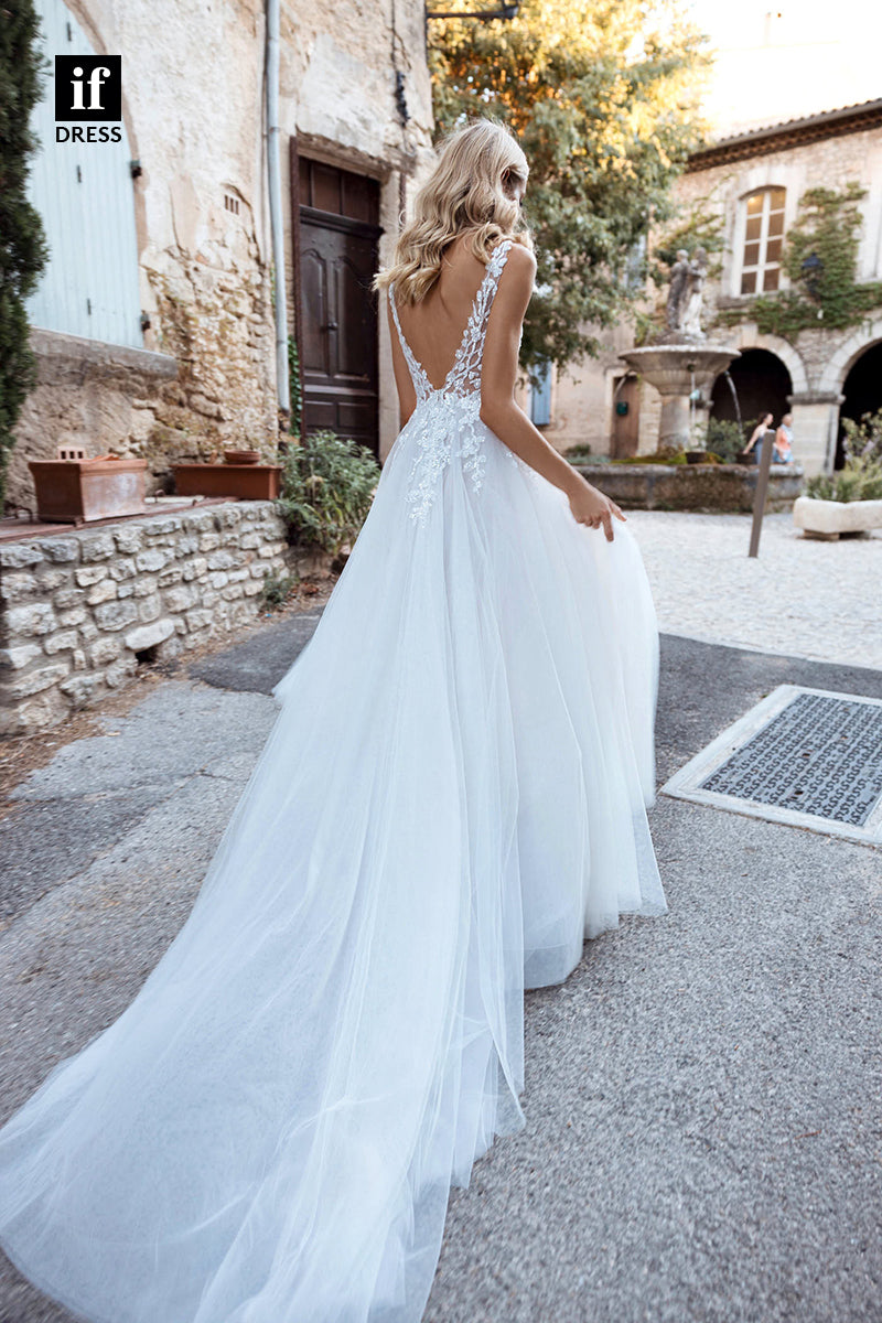 71008 - Classic Double Straps V-Neck A-Line Boho Wedding Dress