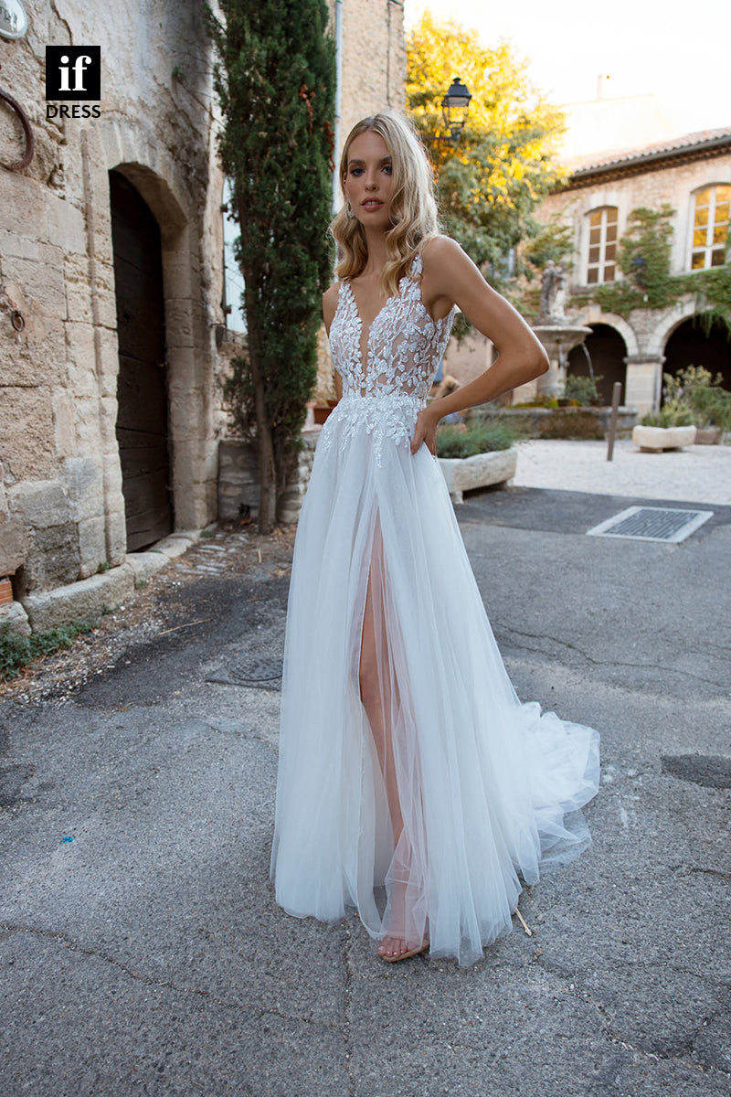 71008 - Classic Double Straps V-Neck A-Line Boho Wedding Dress
