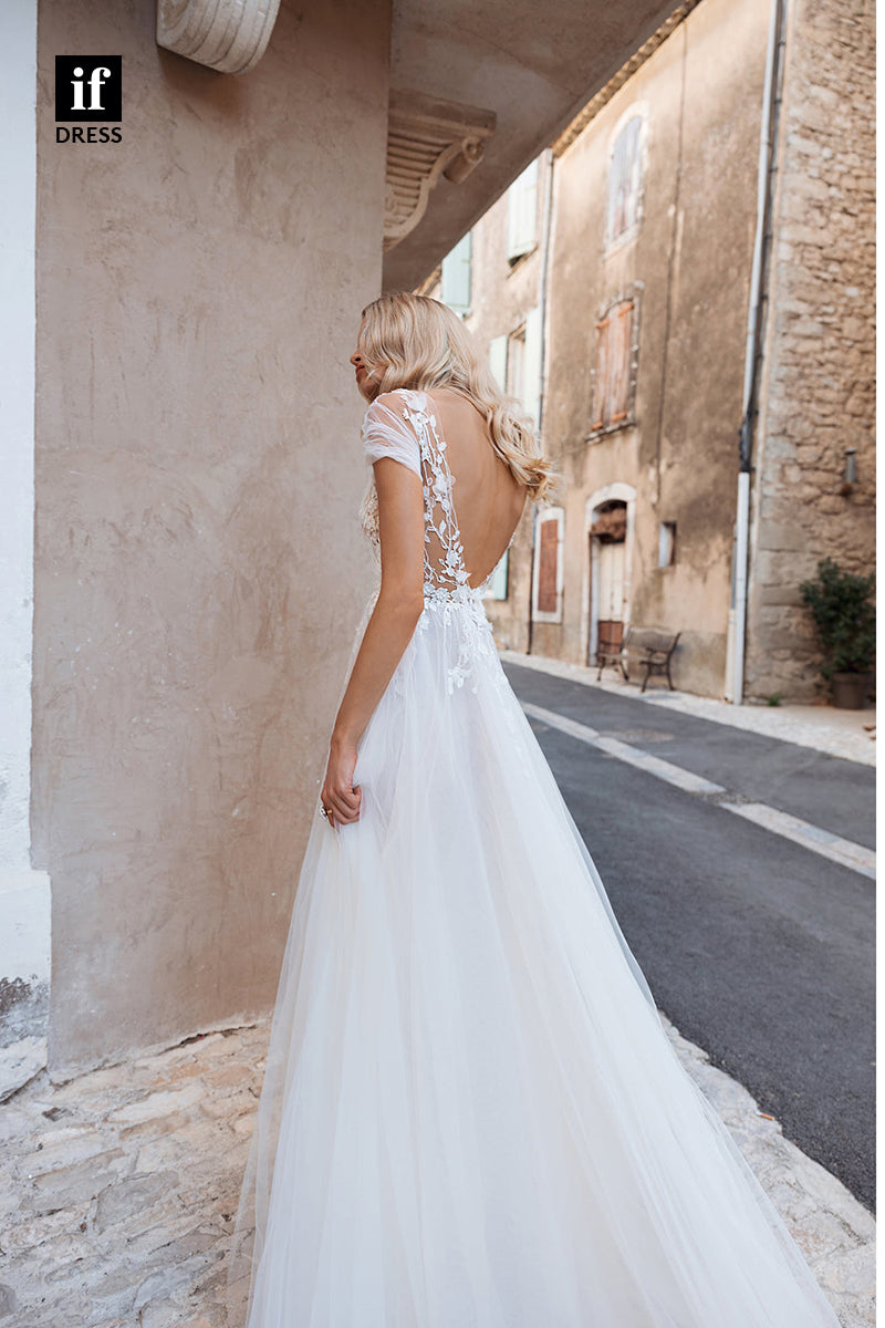 71009 - Romantic A-Line V-Neck Lace Appliques Beach Wedding Dress