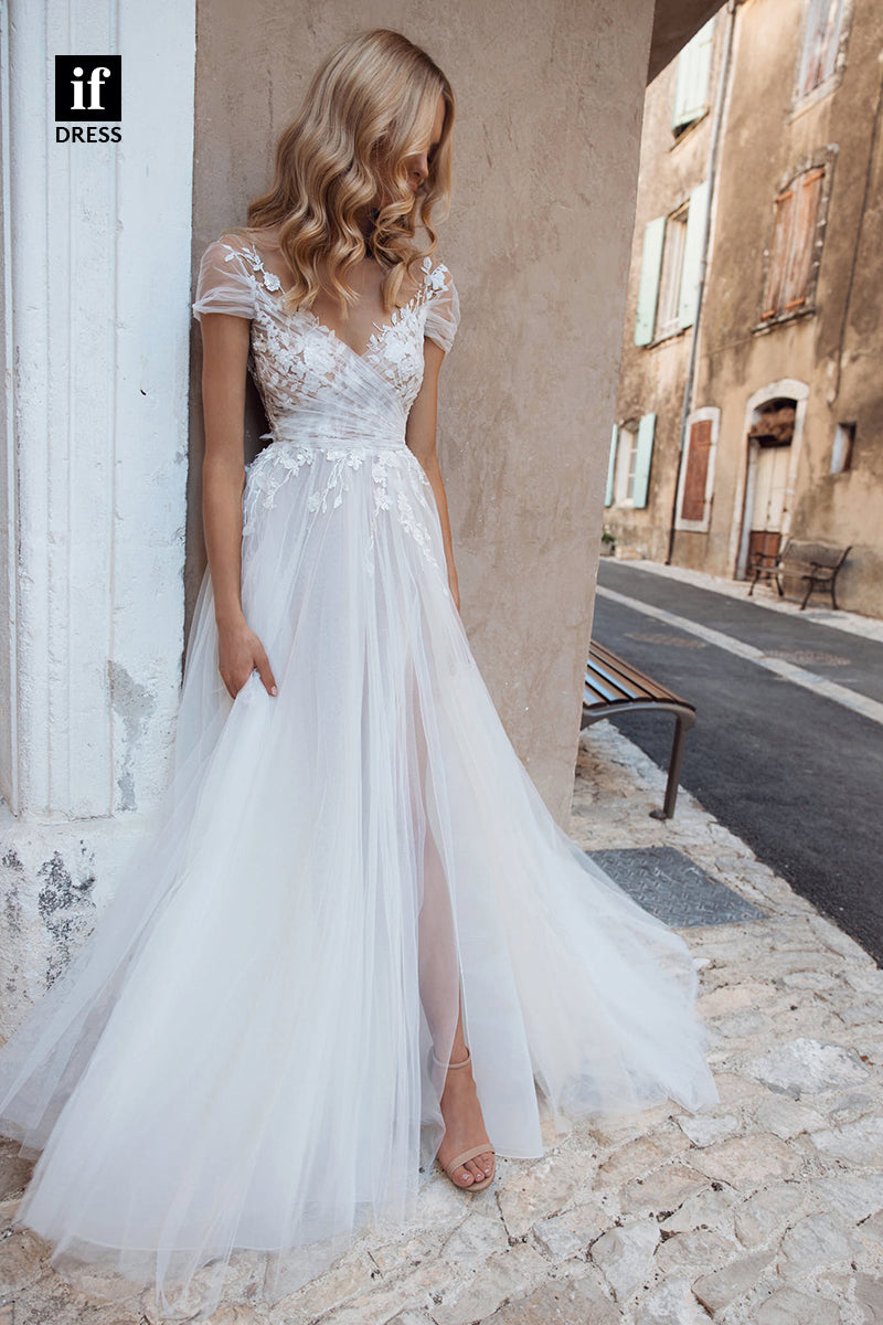71009 - Romantic A-Line V-Neck Lace Appliques Beach Wedding Dress