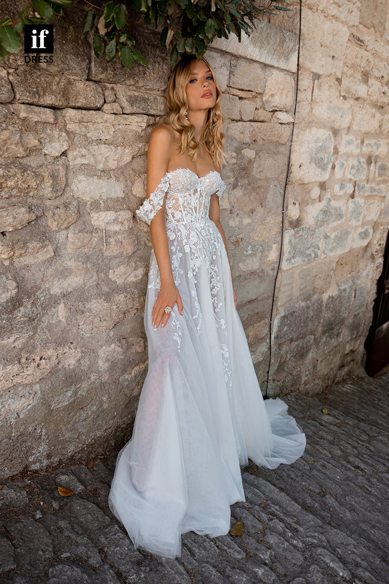 71010 - Sexy Off-Shoulder Sweetheart Lace Appliques Boho Wedding Dress