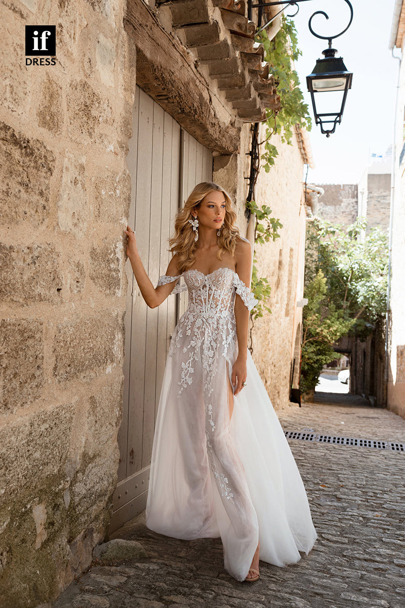 71010 - Sexy Off-Shoulder Sweetheart Lace Appliques Boho Wedding Dress