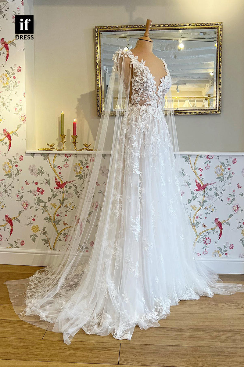 71017 - Attractive A-Line V-Neck Lace Appliques Bohemian Wedding Dresses