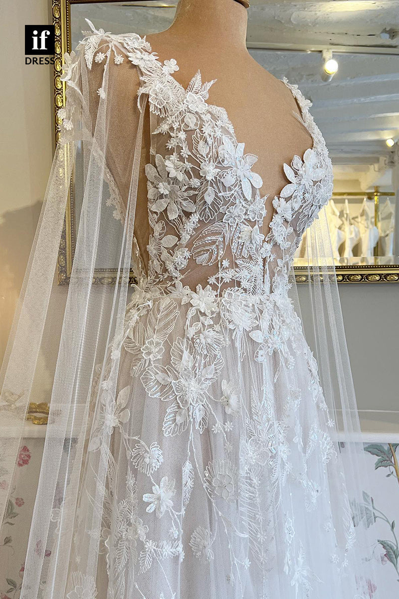 71017 - Attractive A-Line V-Neck Lace Appliques Bohemian Wedding Dresses