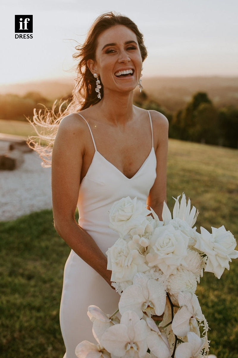 71020 - Classic Spaghetti Straps V-Neck Beach Wedding Dress
