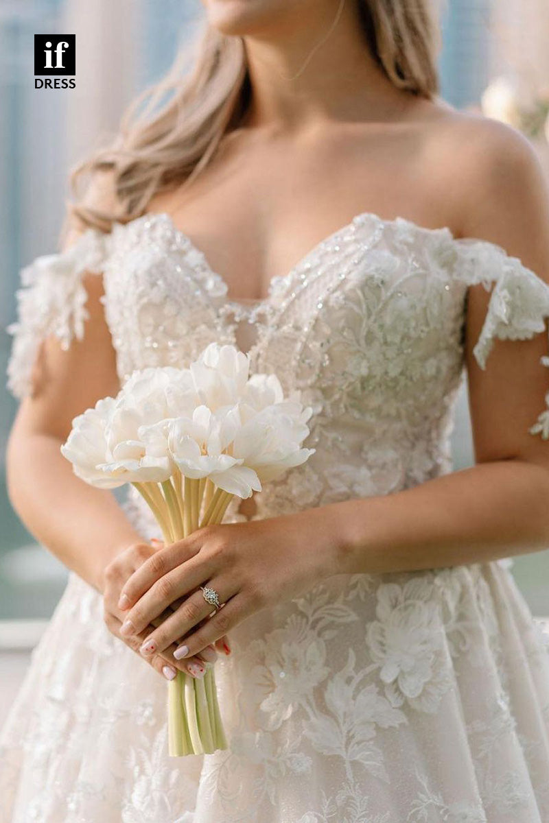 71022 - Elegant A-Line Off-Shoulder Sweetheart Appliques Boho Wedding Dress
