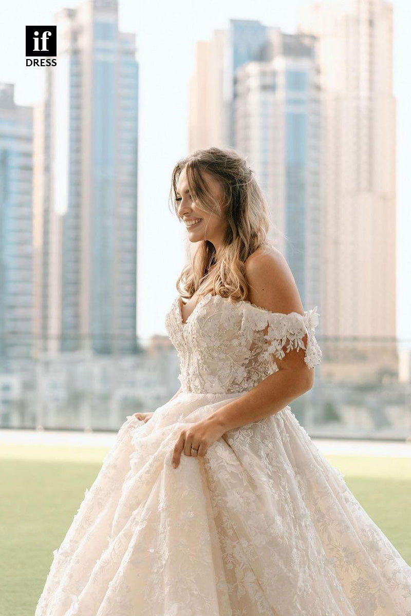 71022 - Elegant A-Line Off-Shoulder Sweetheart Appliques Boho Wedding Dress