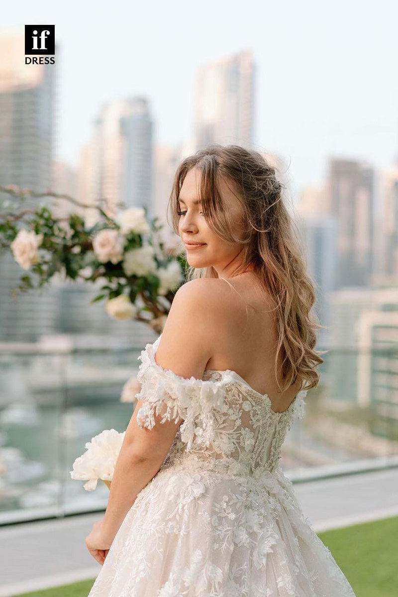 71022 - Elegant A-Line Off-Shoulder Sweetheart Appliques Boho Wedding Dress
