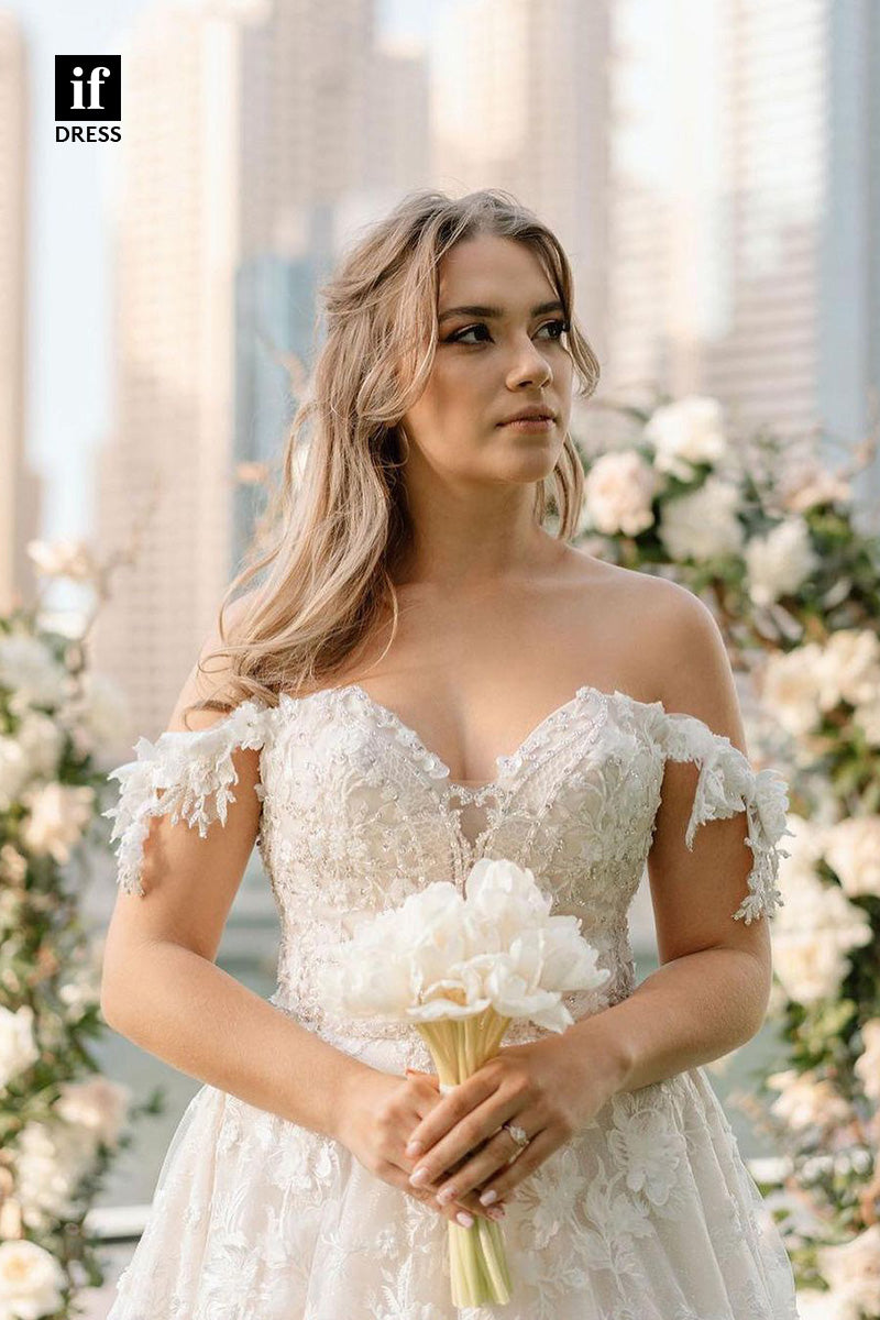71022 - Elegant A-Line Off-Shoulder Sweetheart Appliques Boho Wedding Dress