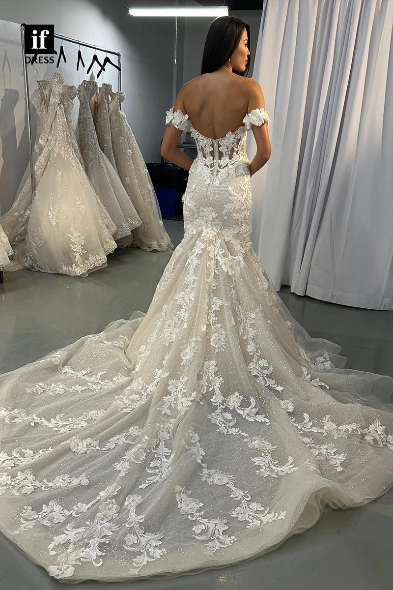 71025 - Attractive Off-Shoulder Lace Appliques Bohemian Wedding Dress