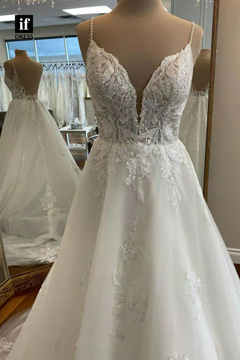 71032 - Attractive Spaghetti Straps V-Neck Appliques Beach Wedding Dress