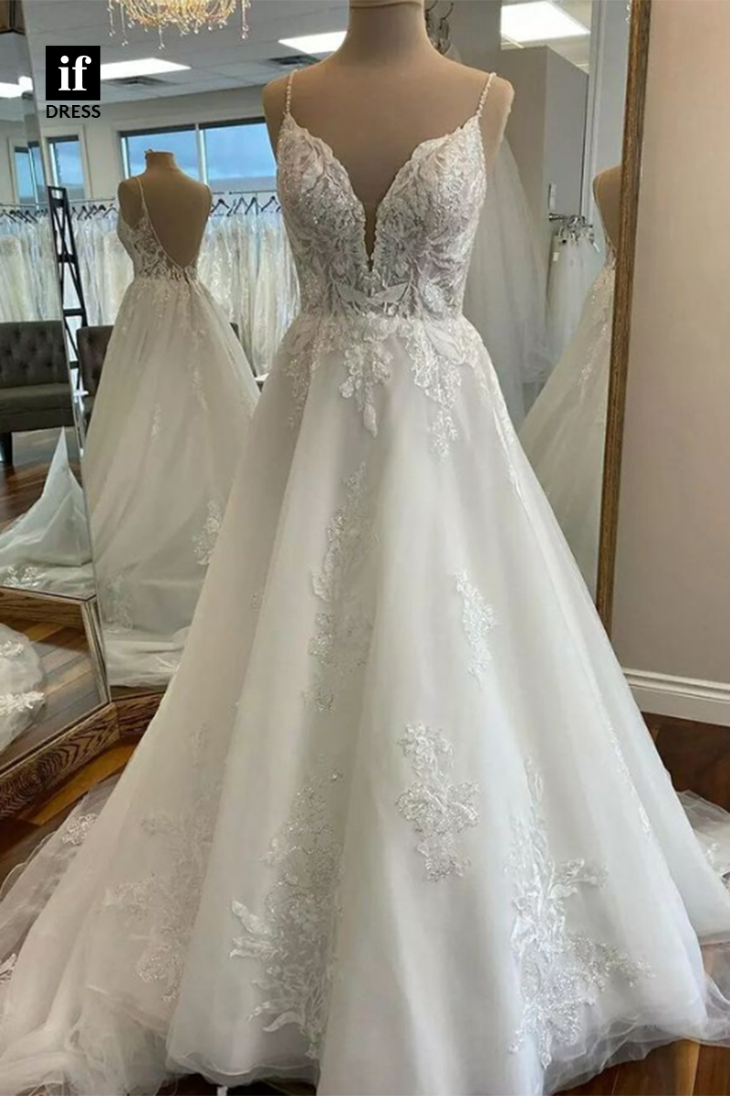 71032 - Attractive Spaghetti Straps V-Neck Appliques Beach Wedding Dress