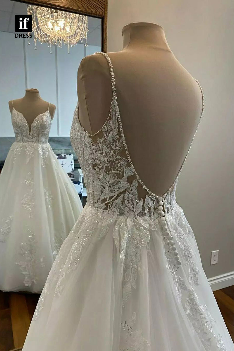 71032 - Attractive Spaghetti Straps V-Neck Appliques Beach Wedding Dress