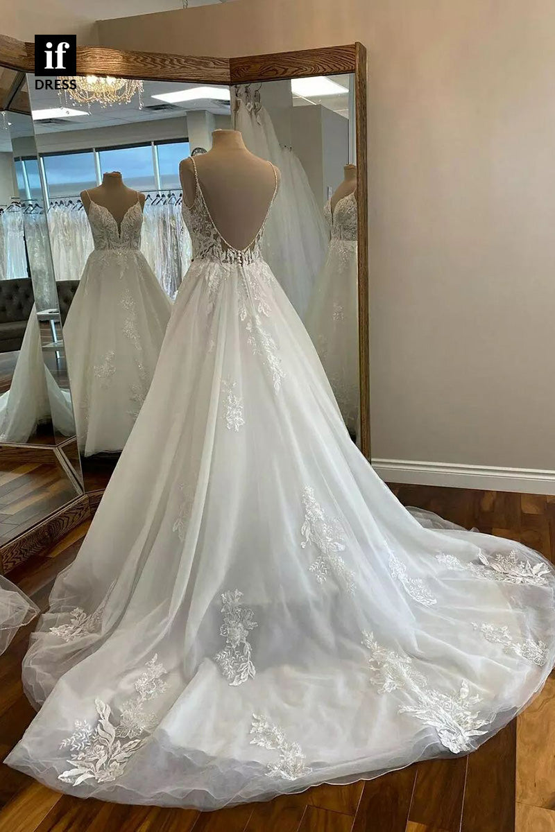 71032 - Attractive Spaghetti Straps V-Neck Appliques Beach Wedding Dress