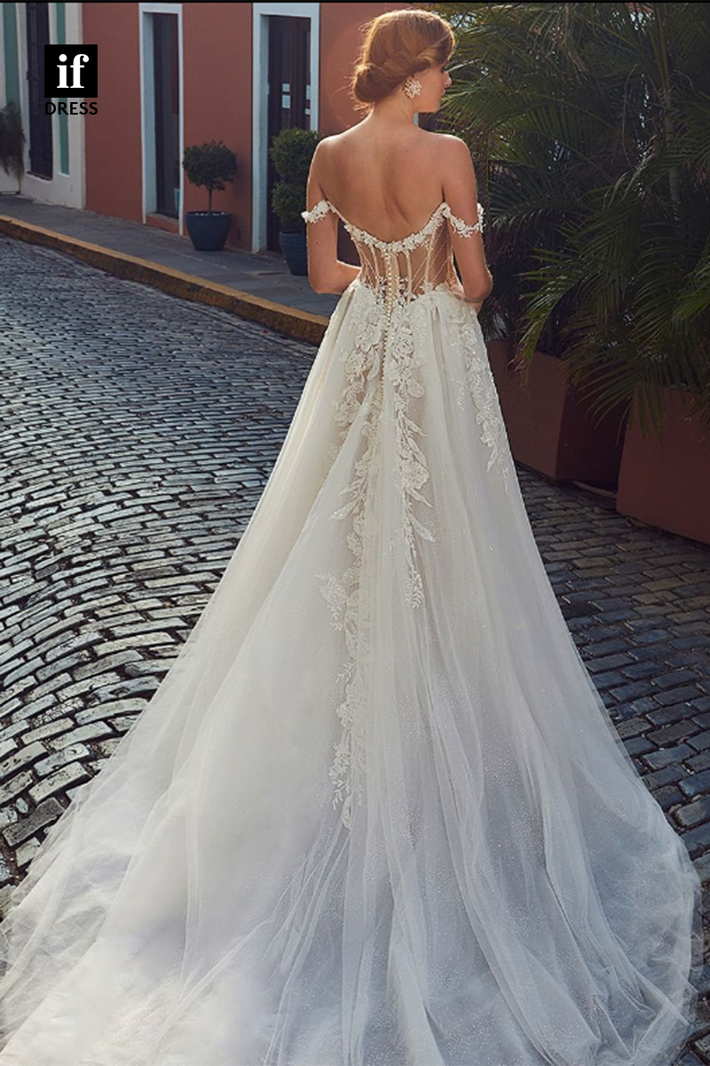 71036 - Adorable Off-Shoulder Cap Sleeves Appliques Bohemian Wedding Dress