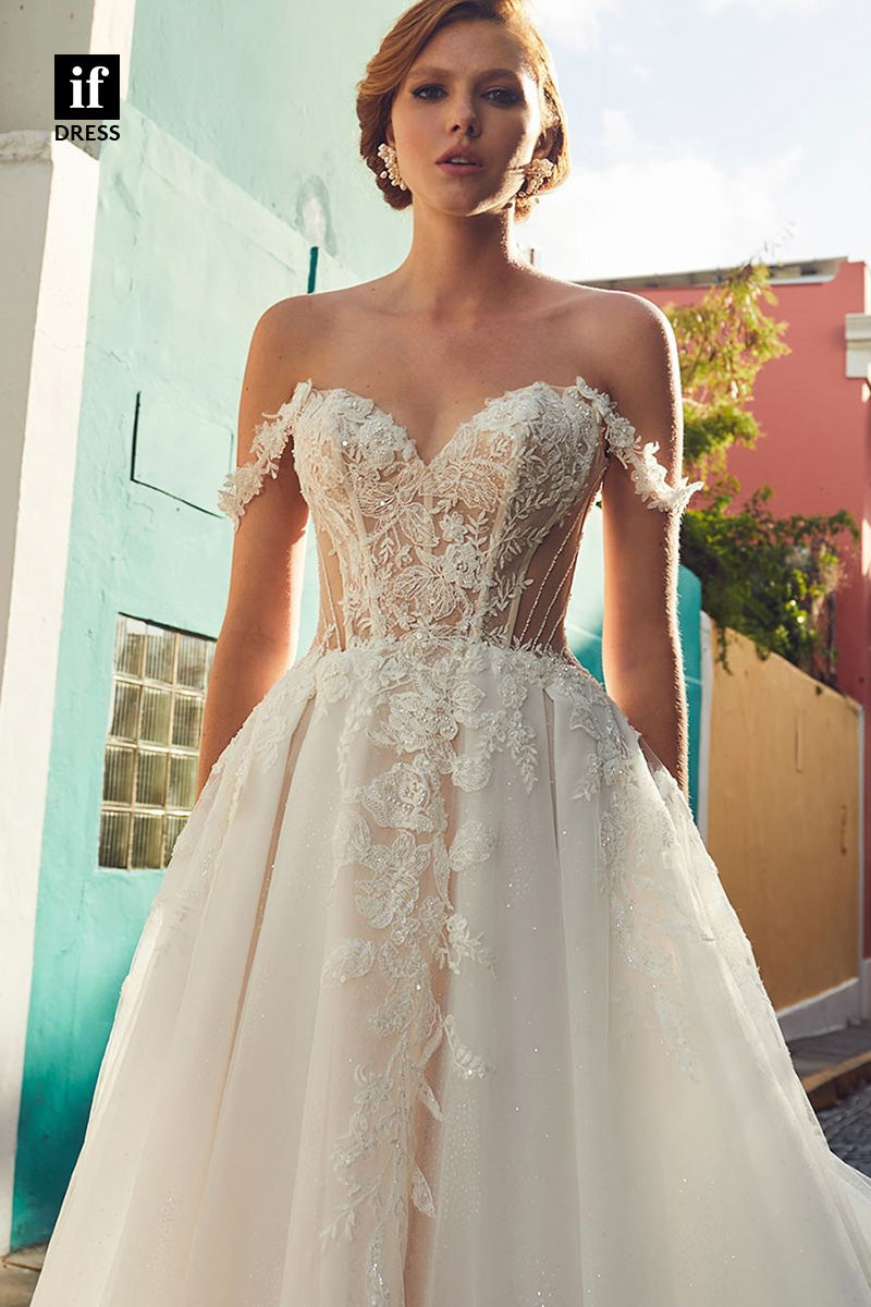 71036 - Adorable Off-Shoulder Cap Sleeves Appliques Bohemian Wedding Dress