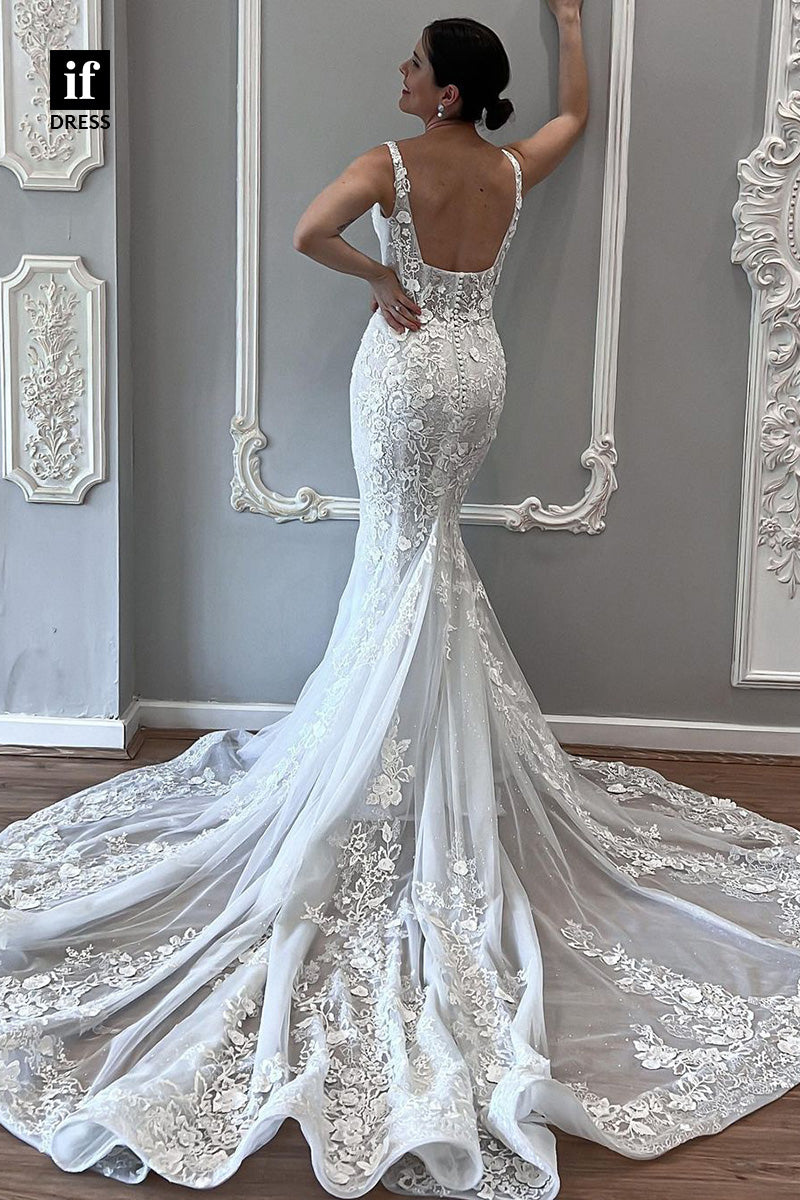 71037 - Romantic Double Straps Scoop Lace Appliques Boho Wedding Dress