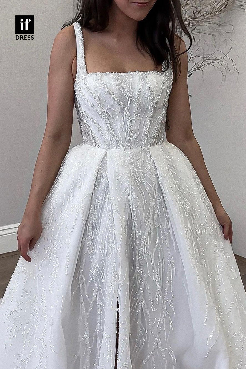71038 - Generous Straps A-Line Sequins Split Beach Wedding Dresses