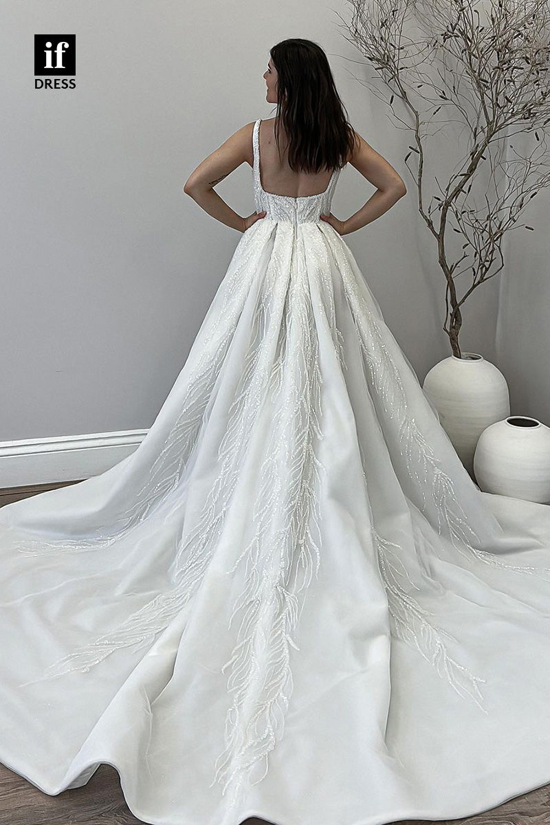 71038 - Generous Straps A-Line Sequins Split Beach Wedding Dresses