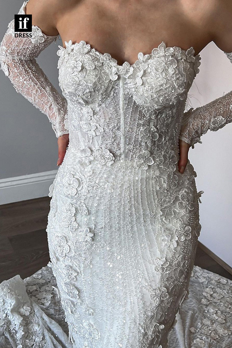 71039 - Stunning Off-Shoulder Lace Appliques Mermaid Boho Wedding Dress