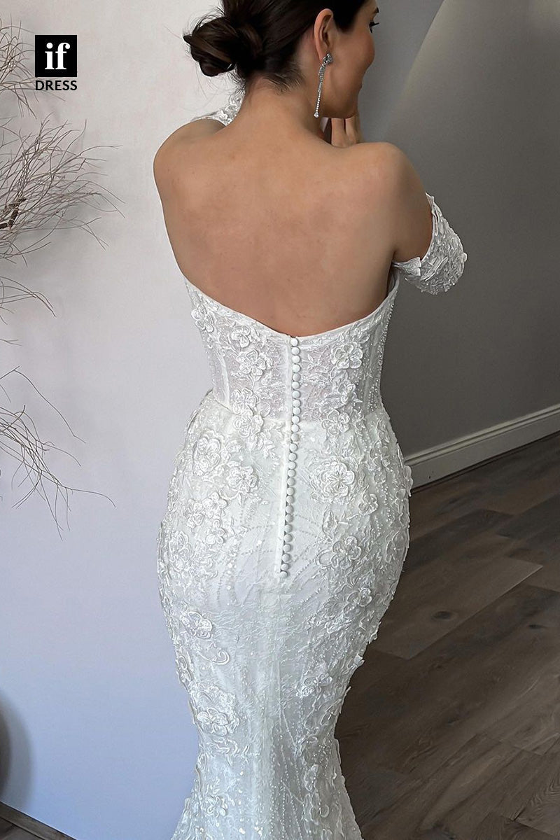71039 - Stunning Off-Shoulder Lace Appliques Mermaid Boho Wedding Dress