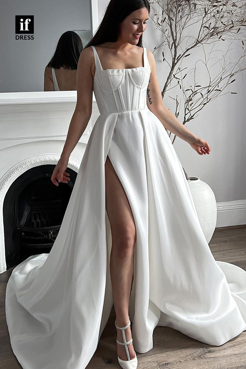 71040 - Classic Double Straps Side Slit A-line Bohemian Wedding Dress