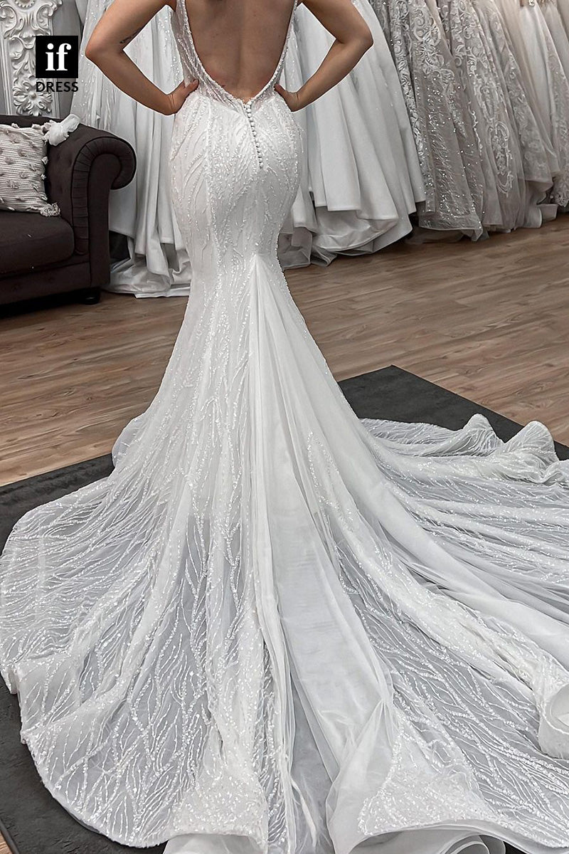 71043 - Unique Straps V-Neck Sleeveless Mermaid Beach Wedding Dress