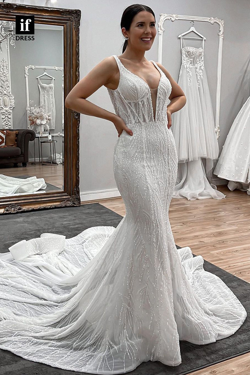 71043 - Unique Straps V-Neck Sleeveless Mermaid Beach Wedding Dress
