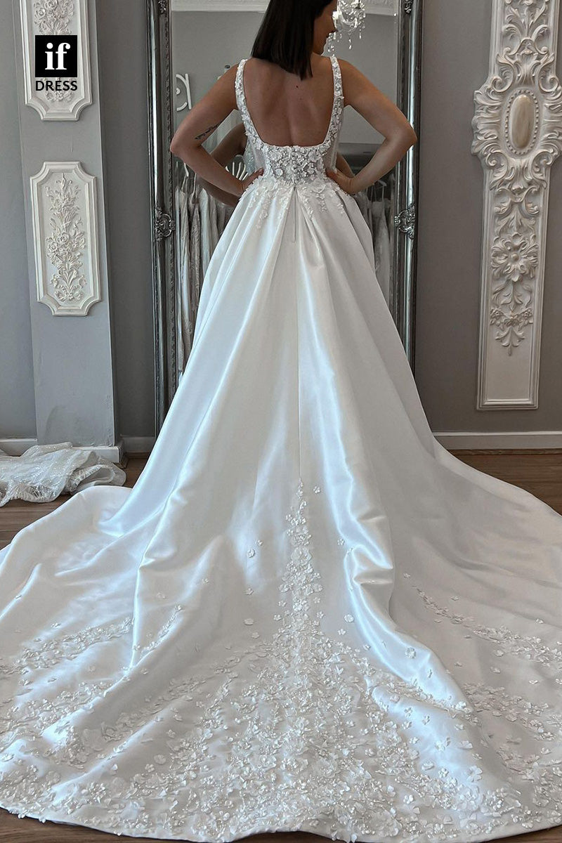 71044 - Attractive Straps Lace Appliques Side Slit Bohemian Wedding Dress