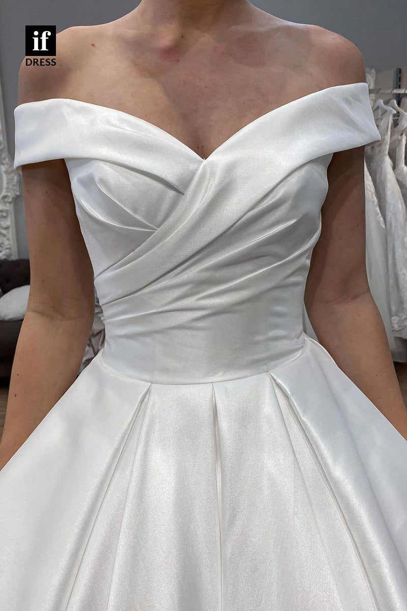 71051 - Classic Off-Shoulder Cap Sleeves A-Line Pleats Boho Wedding Dress