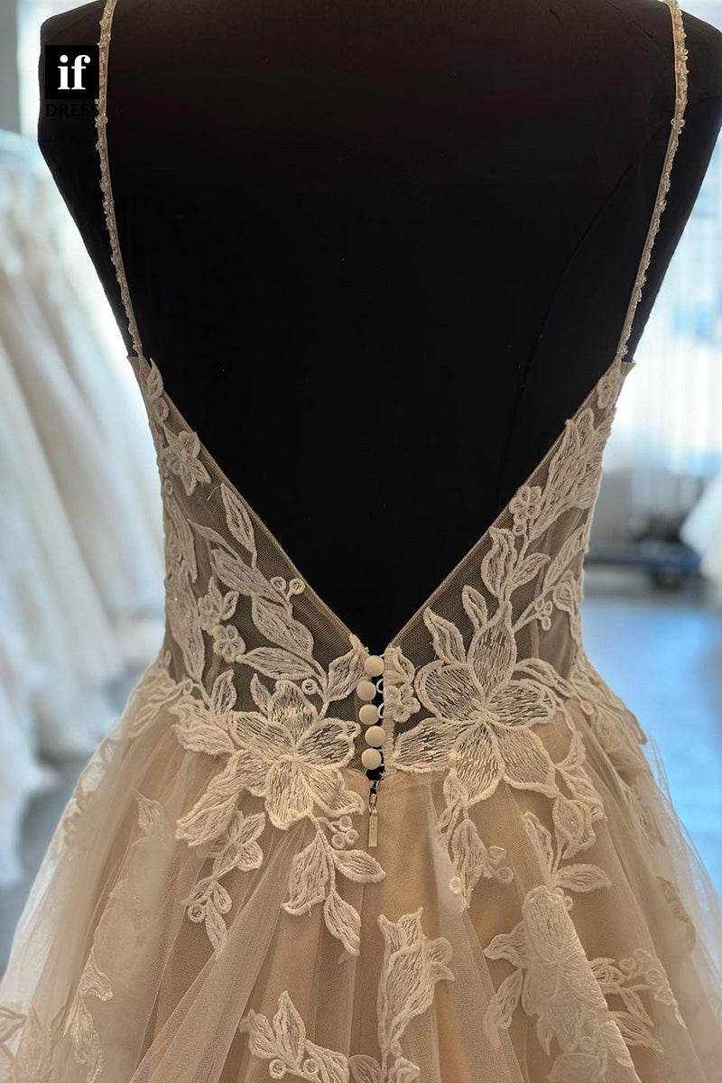 71054 - Classic Spaghett Straps V-Neck Lace Appliques Boho Wedding Dress