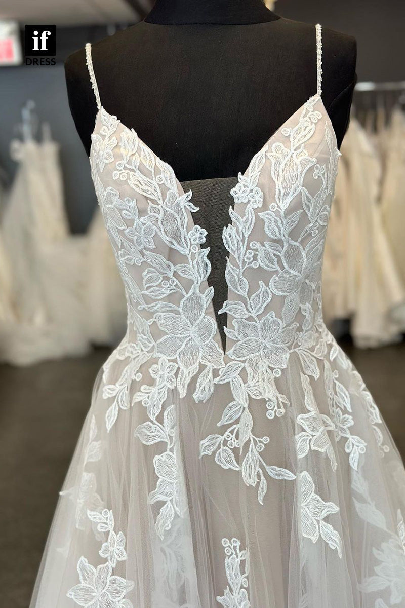 71054 - Classic Spaghett Straps V-Neck Lace Appliques Boho Wedding Dress