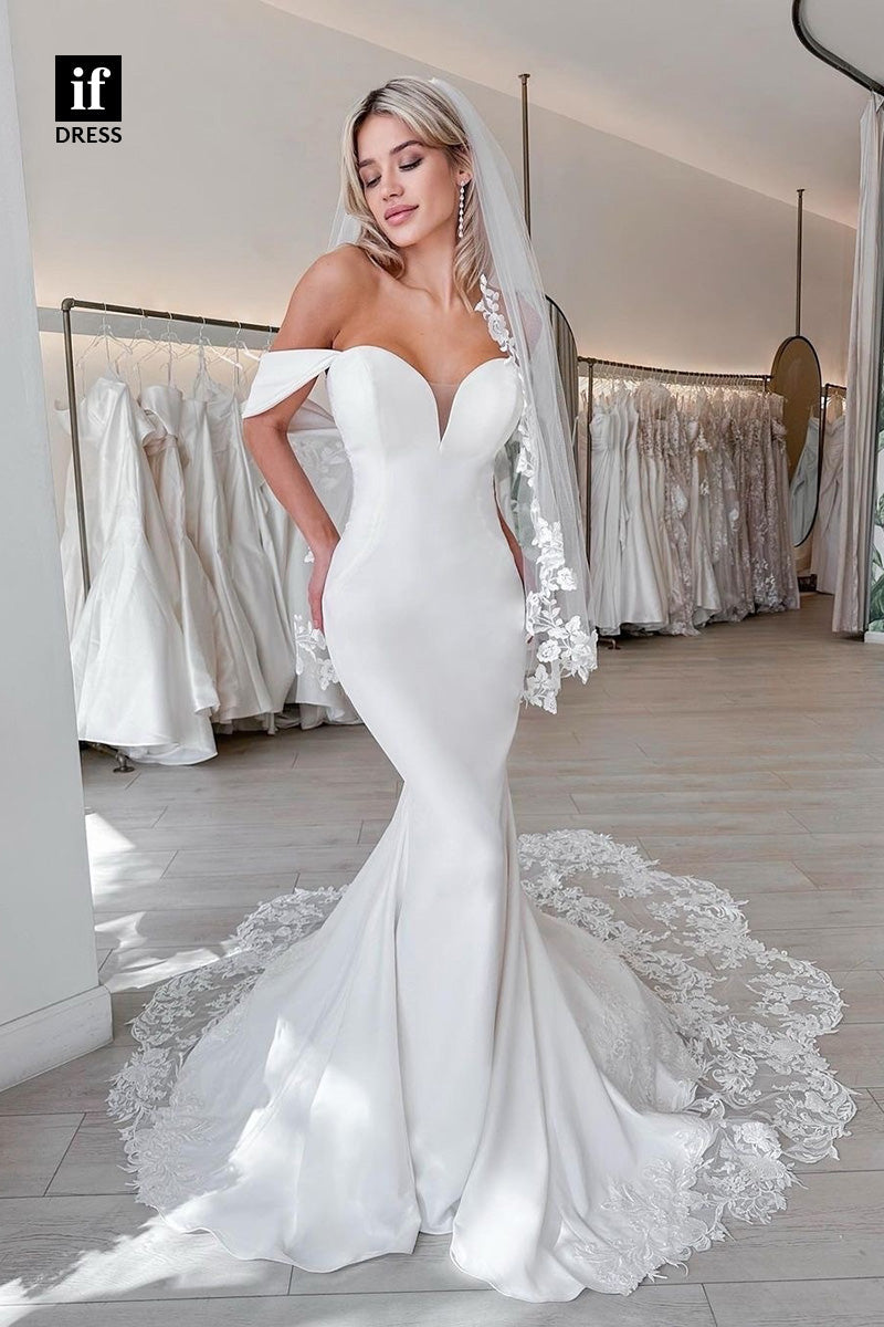 71056 - Timeless Off Shoulder Lace Appliques Mermaid Beach Wedding Dress