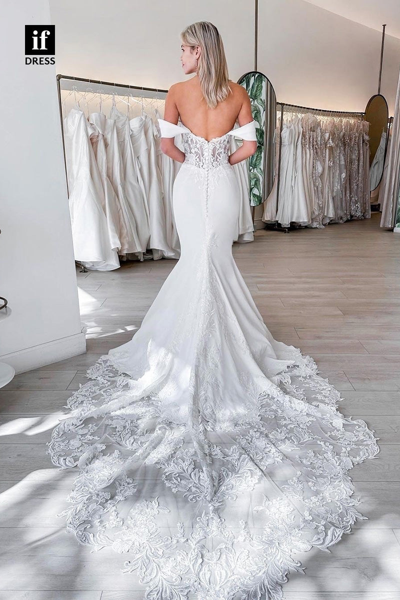 71056 - Timeless Off Shoulder Lace Appliques Mermaid Beach Wedding Dress