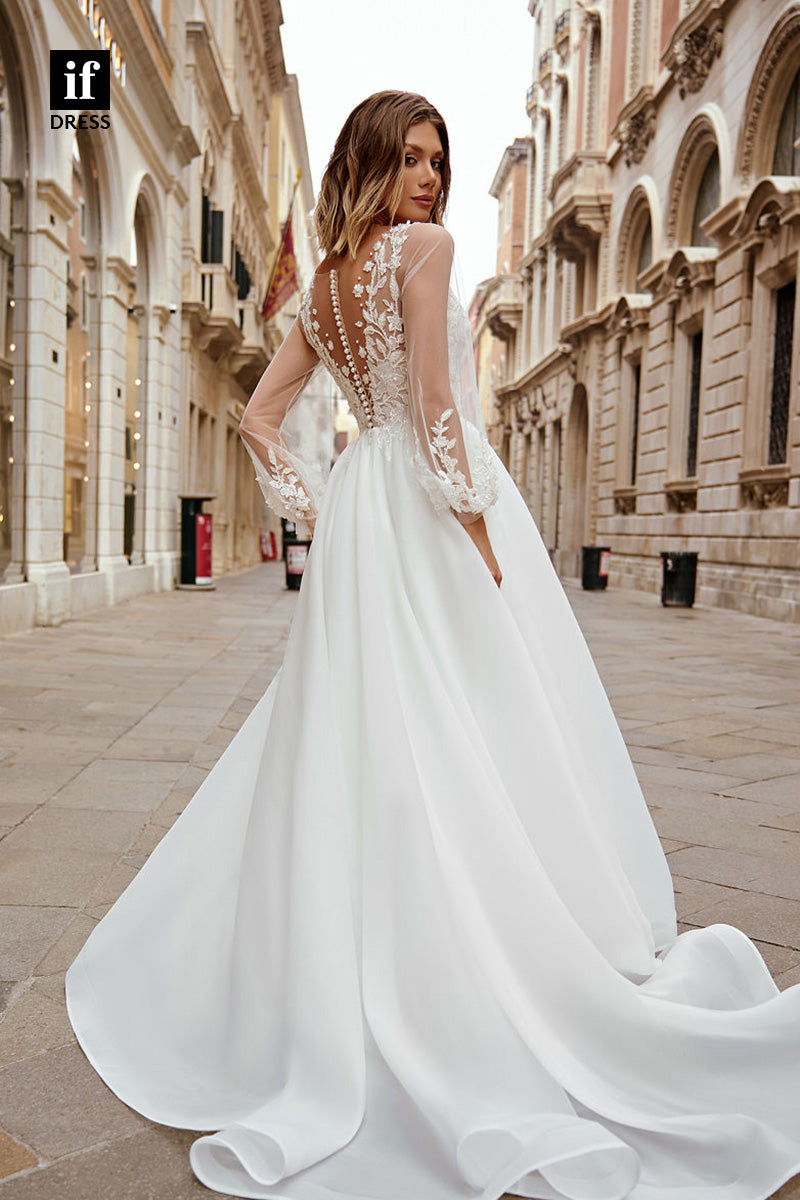 71058 - Flattering A-Line Long Sleeves Lace Appliques Bohoi Wedding Dress