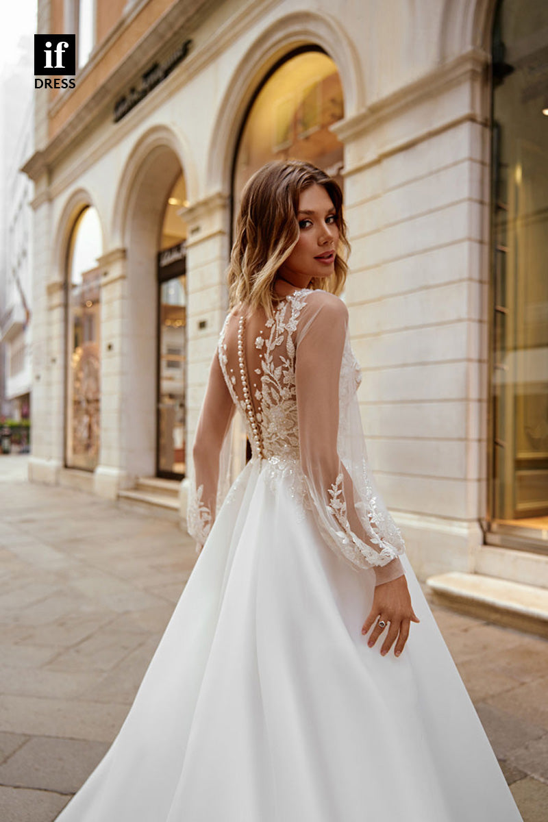 71058 - Flattering A-Line Long Sleeves Lace Appliques Bohoi Wedding Dress
