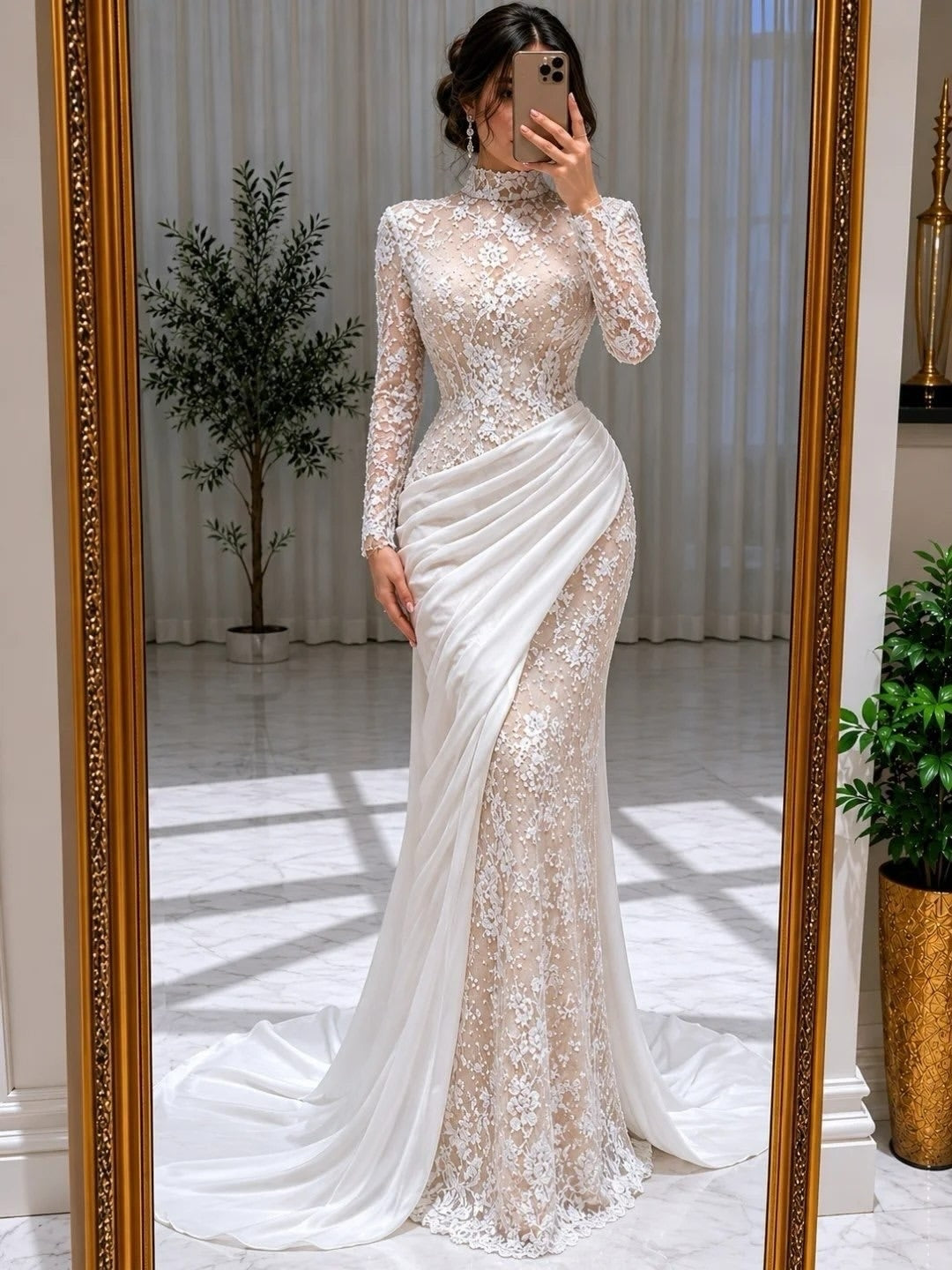 High Neck Long Sleeve Floral Lace Mermaid Wedding Dress With Draped Satin Overlay