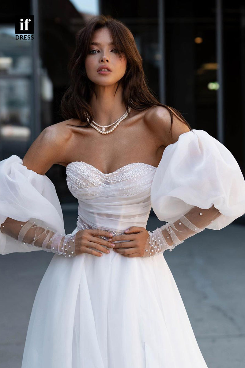 71061 - Off Shoulder Sweetheart A-Line Side Slit Bohemian Wedding Dress