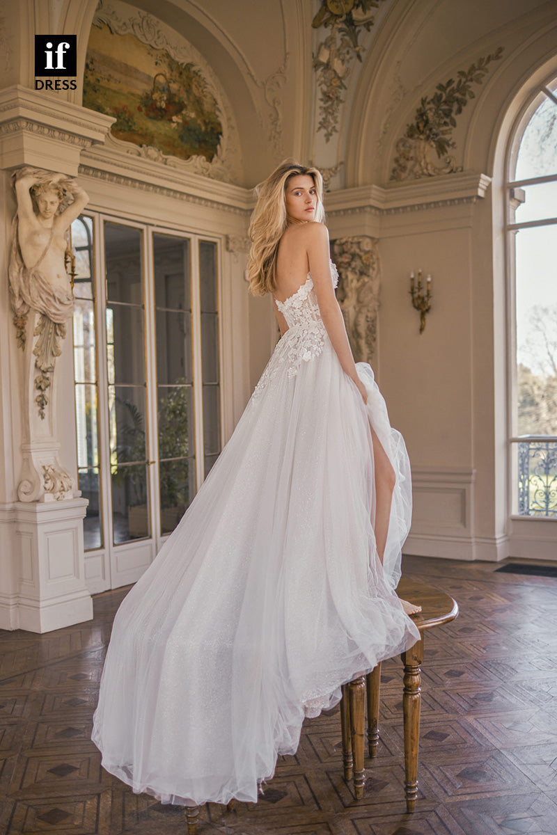 71065 - Charming Off Shoulder V-Neck Lace Appliques Boho Wedding Dress