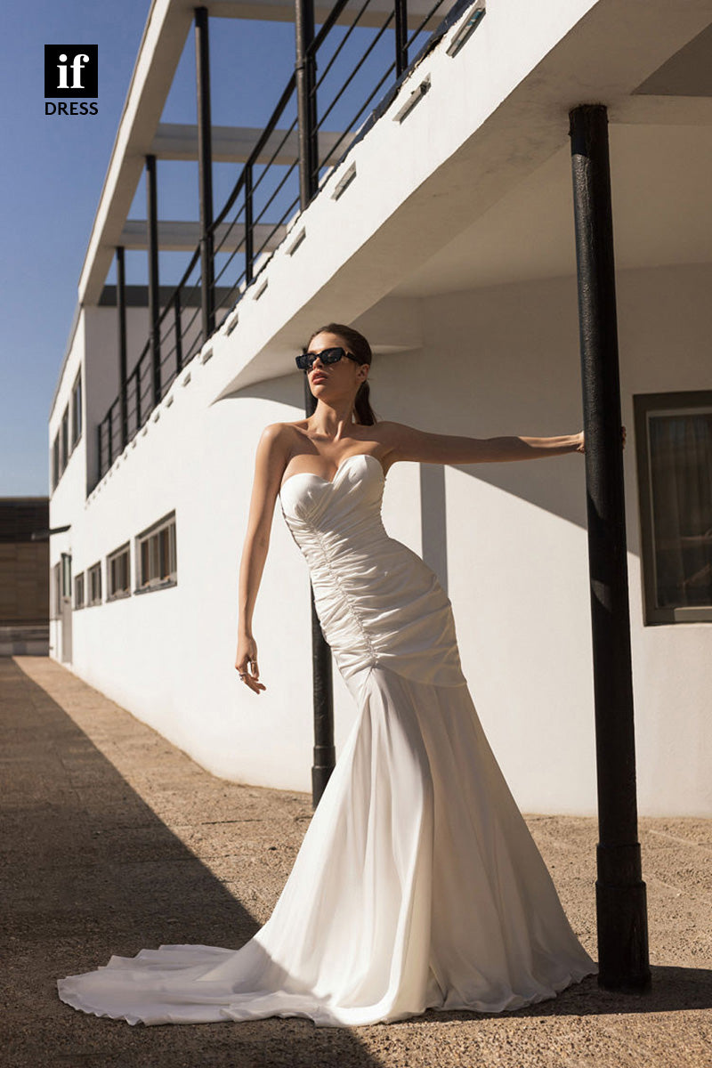71067 - Off Shpoulder Sweetheart Pleata Mermaid Bohemian Wedding Dress