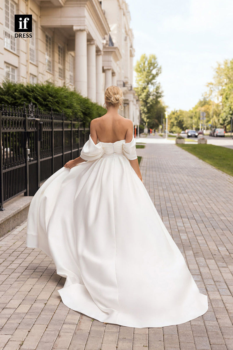 71068 - Off Shoulder V-Neck Pleats Cap Sleeves Boho Wedding Dress