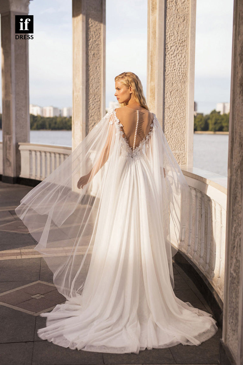 71069 - Off Shoulder V-Neck A-Line Appliques Beach Wedding Dress