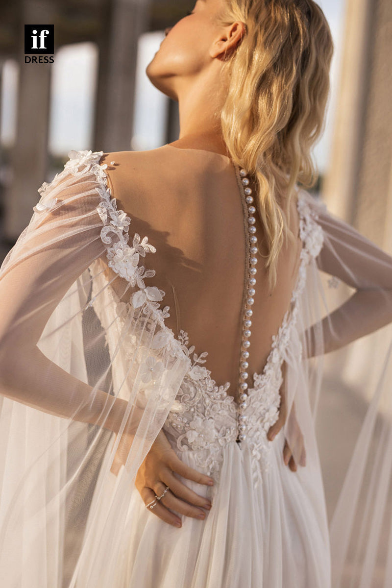 71069 - Off Shoulder V-Neck A-Line Appliques Beach Wedding Dress