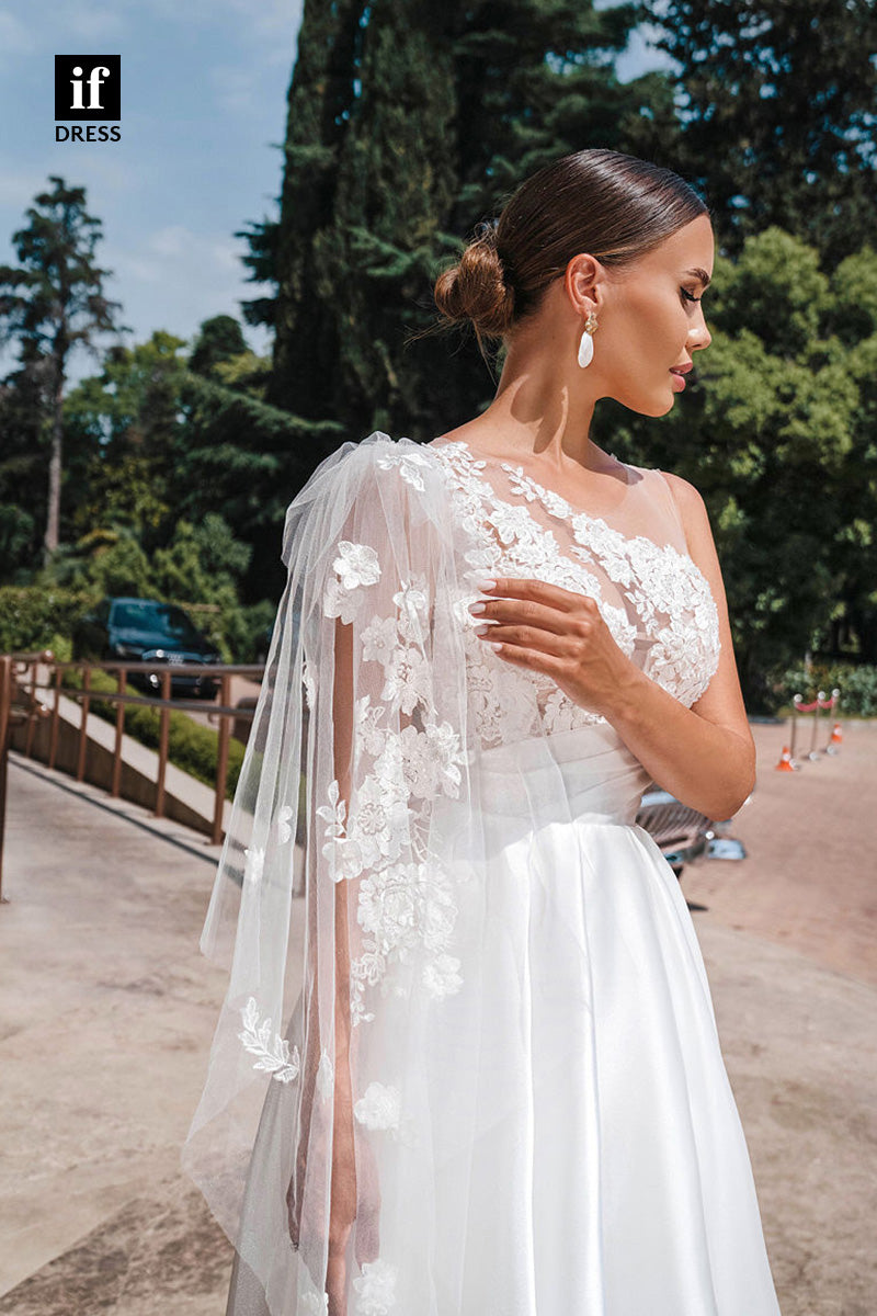 71070 - One Shoulder A-Line Ruched Lacec Appliques Boho Wedding Dress